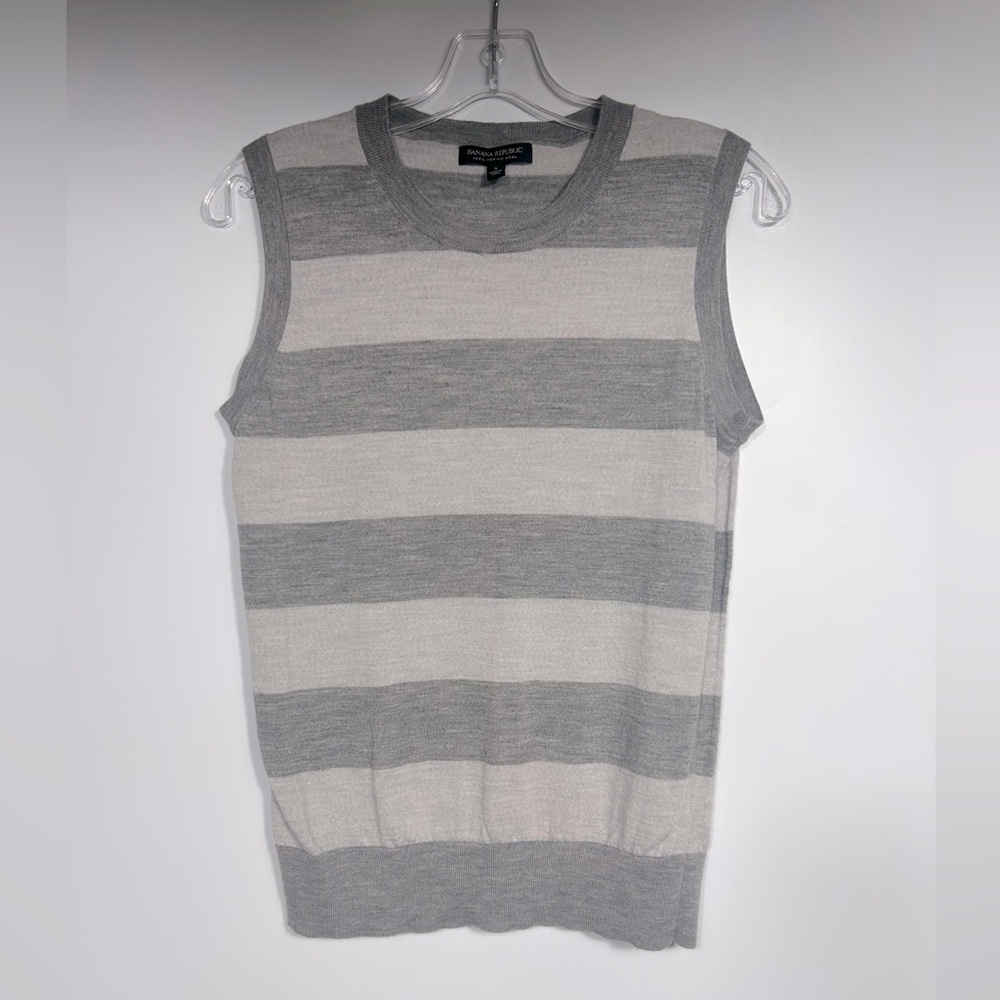 Banana Republic Knit Sweater Vest Size S Grey Striped Sleeveless Merino Wool